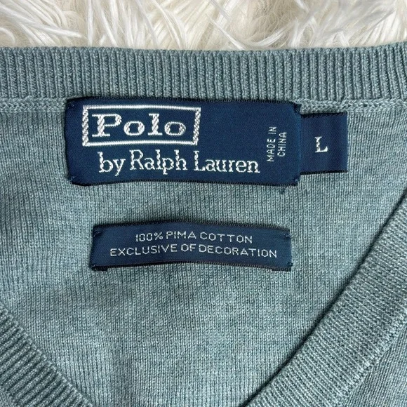 Polo by Ralph Lauren Pima Cotton Men's Teal V-Neck Sweater - Picture 3 of 7